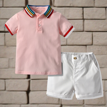 This classic striped collar polo shirt and shorts combo will have them looking sharp and ready to learn (or play!).