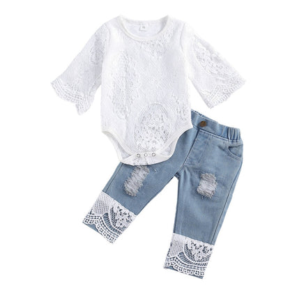 Infuse a touch of elegance into her everyday wardrobe with this Infant Girls Long Sleeve Lace Romper & Soft Jeans 2Pcs Outfit.