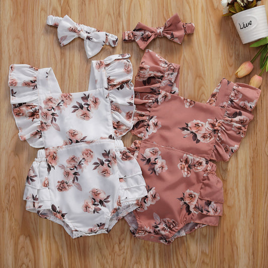 Newborn Girls Flowers & Ruffles Sleeveless Jumpsuit-Headband 2PC Set