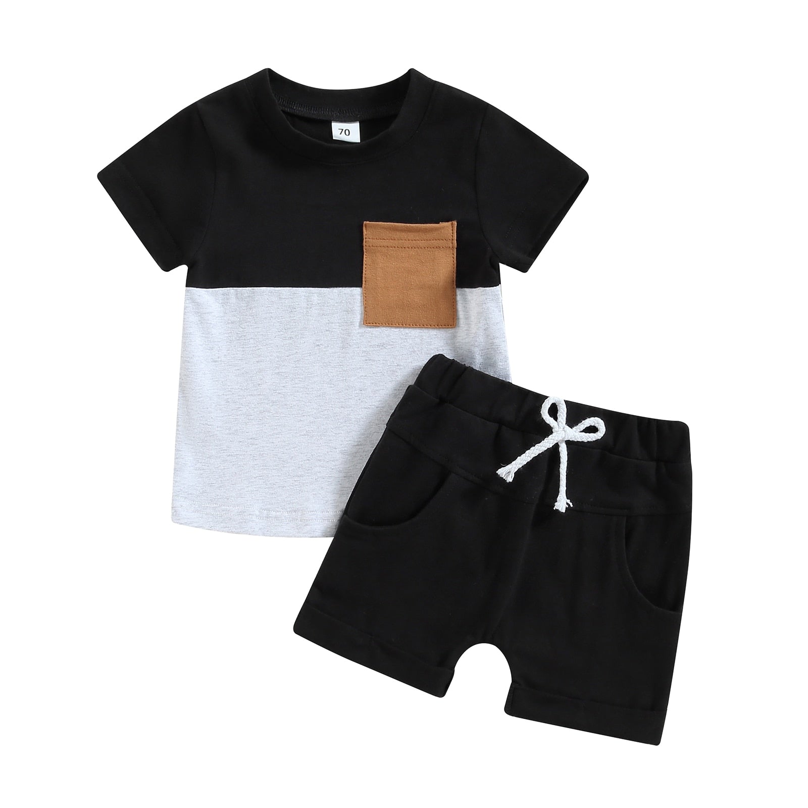 This set includes a contrasting top with short sleeves and solid shorts sure to make your toddler stand out in a crowd.