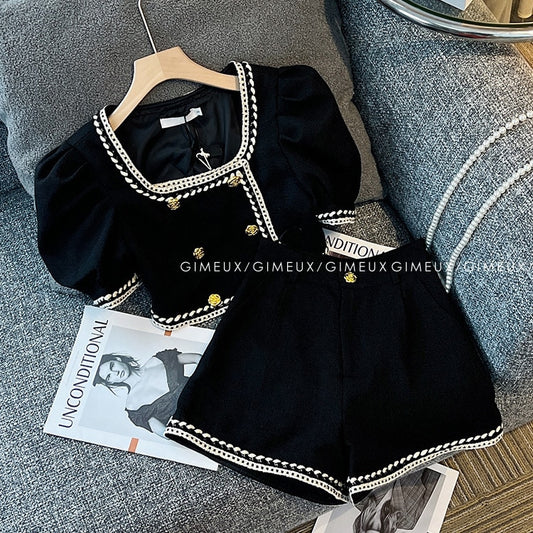 ﻿This Girls Double-Breasted Puff Sleeve Top with Matching Shorts with classic double-breasted silhouette gives her a timeless sophisticated look.